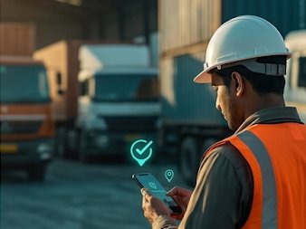 Field supervisor checking in on a phone at a logistics yard