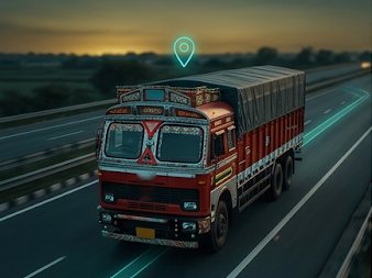 Truck on a highway with a GPS location pin