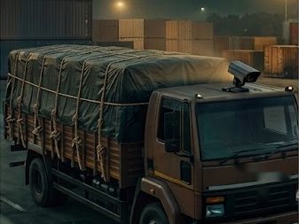 Loaded truck at a yard at night