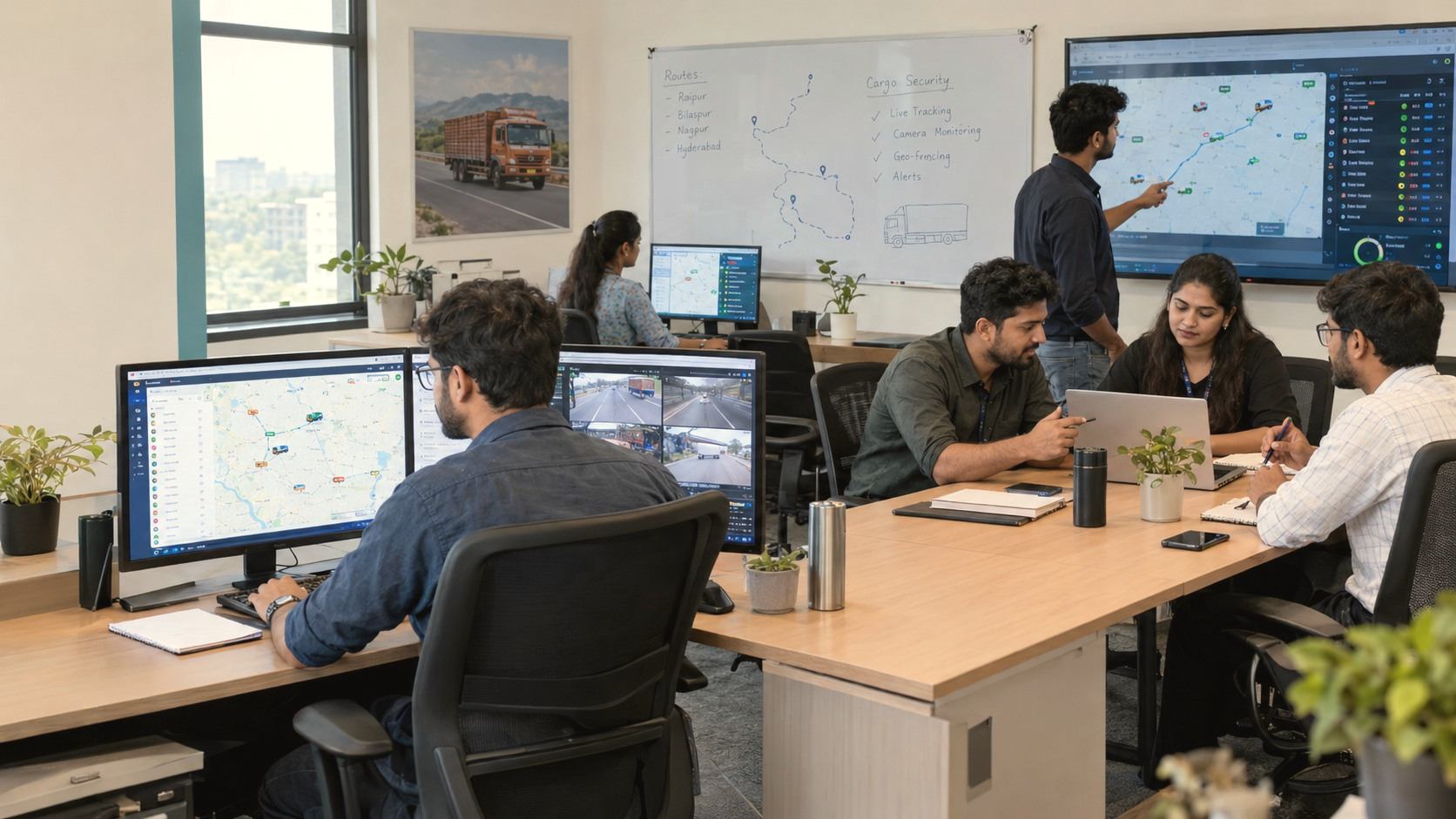 Our team watching trucks on screens in the office