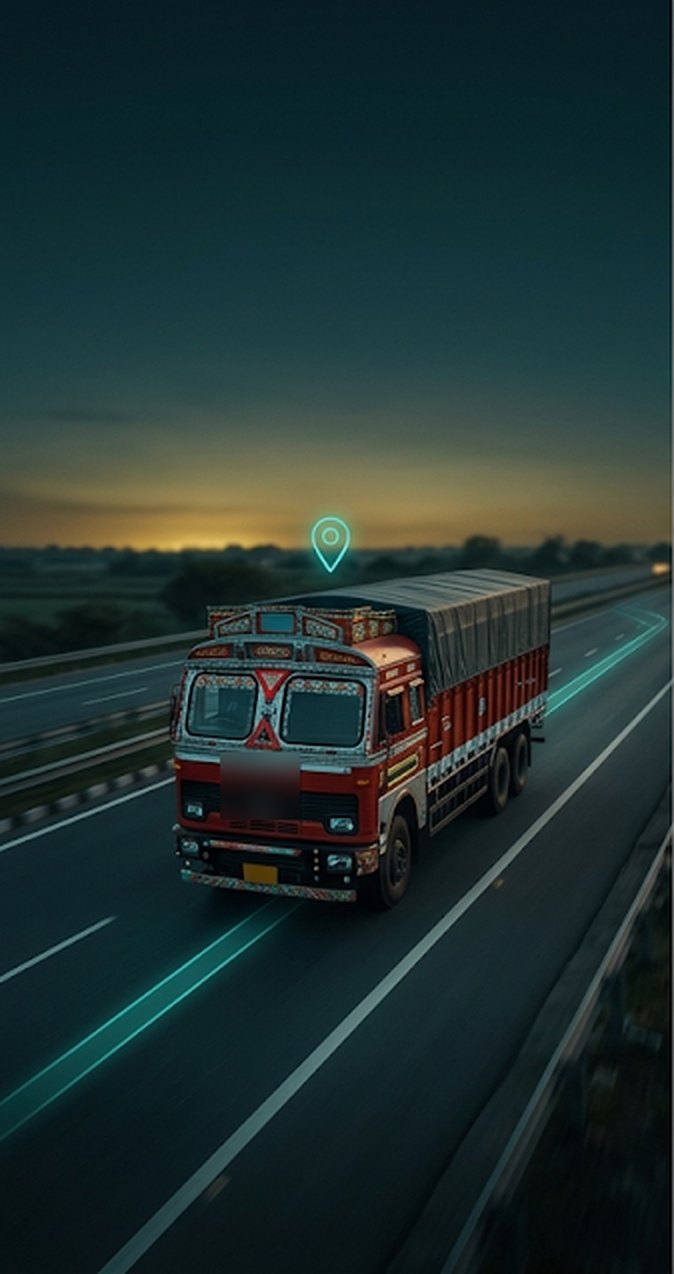 Truck on a highway at dusk with a GPS location pin above it