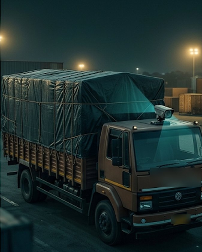 Covered truck at night with a camera on the cab watching the cargo